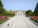 Tulips, fountain, and administration building at the Montreal Botanical Garden, Canada