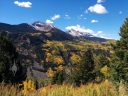 View of mountains and fall foliage near Ames, Colorado, yellow aspen trees and conifers, pine trees, and mountains with snow, Rocky Mountains, Western Slope